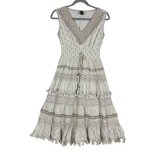 Me 2 Magic Dress Womens M White Gold Polka Dot Crochet Smocked Boho Sundress